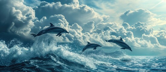 one of jumping dolphins beautiful seascape with deep ocean waters and cloudscape. Copy space image. Place for adding text