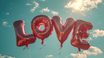 text LOVE written from pink air balloons on blue sky background with sunlight  - obrazy, fototapety, plakaty