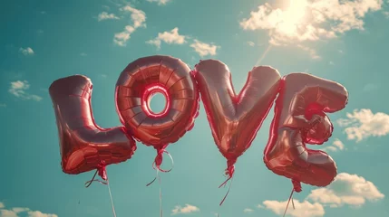Fotobehang text LOVE written from pink air balloons on blue sky background with sunlight  © nnattalli