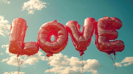  word LOVE from pink air balloons on blue sky background with sunlight 