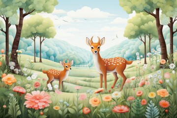 Dive into the whimsical charm of nature with a cartoon forest landscape, featuring animated trees, playful animals, and vibrant vegetation, Generative AI