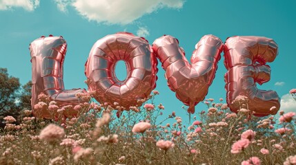 text LOVE written from pink air balloons with pink flowers on blue sky background  - obrazy, fototapety, plakaty
