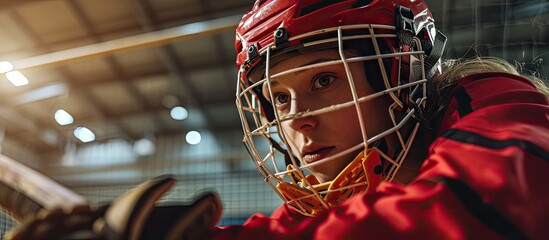 Close up of woman floorball goalkeeper in helmet concetrating on game in gym. Copy space image. Place for adding text
