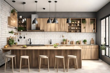 Modern kitchen interior with furniture,kitchen interior with tiles wall.3d rendering