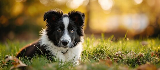 Cute border collie puppy sitting on grass. Copy space image. Place for adding text