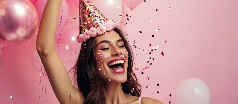 Happy young lady celebrating birthday with her friend. Copy space image. Place for adding text