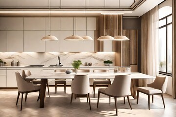 Perspective view of light modern kitchen interior design with large marble dining table with...