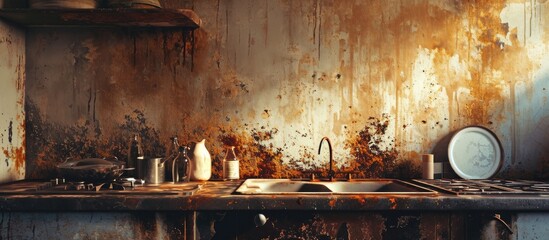 Oil stains on the walls dirty stains on kitchen wall Dirty Cooking forgot to turn off the gas stove condensed milk explosion. Copy space image. Place for adding text