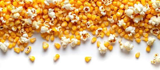 Yellow grain corn isolated on white background and texture for popcorn top view. Copy space image. Place for adding text