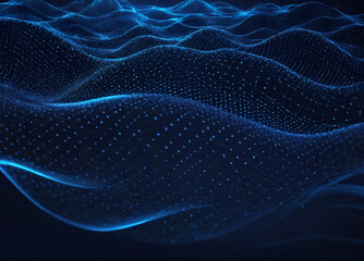 Fototapeta premium Wave of dots and weave lines. Abstract blue background for design on the topic of cyberspace, big data, metaverse, network security, data transfer on dark blue abstract cyberspace background