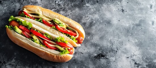 Chilean Completo Italiano Hot dog sandwich with tomato avocado and mayonnaise Top view copy space copy space. Copy space image. Place for adding text