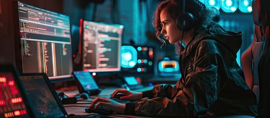 Nonconformist Teenage Hacker Girl Using Computer for Attacking Corporate Servers with malware Room is Dark Neon and Has Many Displays. Copy space image. Place for adding text
