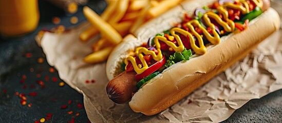 hotdog with ketchup mustard vegetables and french fries. Copy space image. Place for adding text - obrazy, fototapety, plakaty