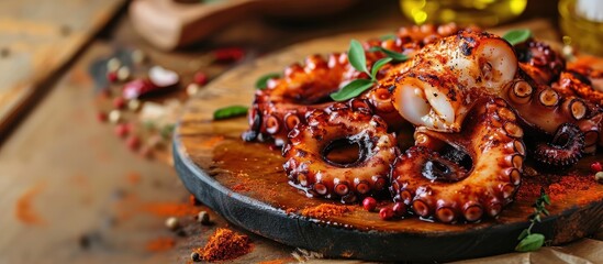 Pulpo a la gallega Plate of chopped octopus with oil and paprika in a round wooden plate on a dark table Typical food of Galicia Spain. Copy space image. Place for adding text