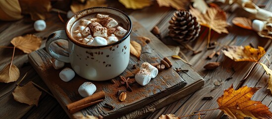 Obraz na płótnie Canvas Hot cocoa drink with marshmallows and cinnamon in a mug on a wooden board with autumn leaves. Copy space image. Place for adding text