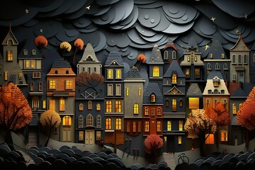 Paper quilling autumn Landscape, orange black Spring Scene, Paper Art, for Calendar and Wallpaper Background, AI generated - obrazy, fototapety, plakaty