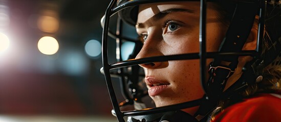 Close up of woman floorball goalkeeper in helmet concetrating on game in gym. Copy space image. Place for adding text