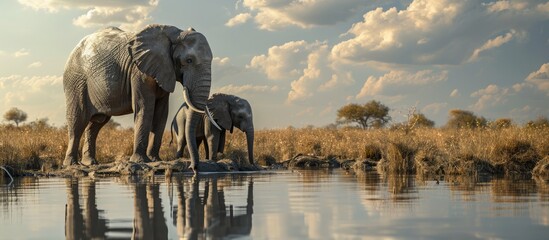 African elephant mother and baby cooling off at a water hole. Copy space image. Place for adding text
