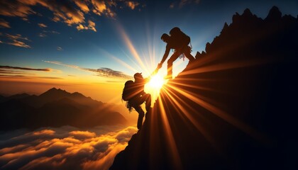 Mountaineers Reaching for Each Other at Sunrise Creating a Dramatic Silhouette Generate Image