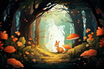 Obraz na płótnie Canvas Elevate your visual storytelling with the playful allure of a cartoon forest scene, featuring animated trees, friendly forest, Generative AI