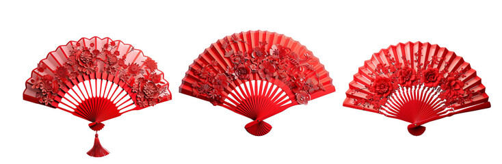 Scarlet Elegance Traditional Red Chinese Fans for New Year Celebration Isolated on Transparent