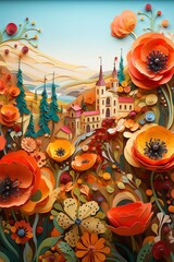 Paper quilling Summer Landscape, Red colorful Spring Scene, Paper Art, for Calendar and Wallpaper Background, AI generated - obrazy, fototapety, plakaty