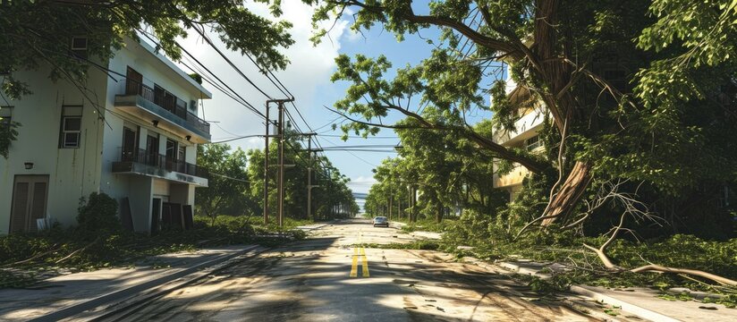 A tree down beside a building near power lines after a hurricane. Copy space image. Place for adding text