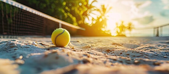 Beach tennis ball and racket on the court. Copy space image. Place for adding text - Powered by Adobe