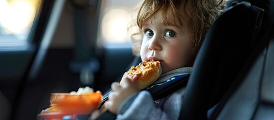 The child is fastened with a seat belt in a car seat and eats a French bun with a sausage A snack...