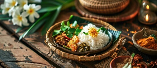 Gudeg Manggar is is a traditional Yogyakarta food made from young coconut flowers cooked with brown sugar coriander galangal and a number of spices Indonesian food served on bamboo basket