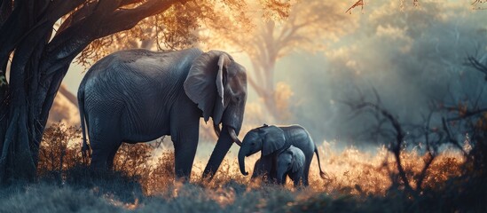 A mother elephant teaching her baby how to survive. Copy space image. Place for adding text - obrazy, fototapety, plakaty