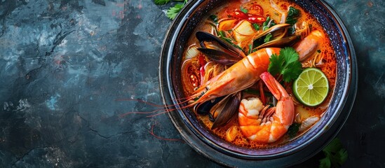 Tom Yam kung Spicy Thai soup with shrimp seafood coconut milk and chili pepper in bowl copy space. Copy space image. Place for adding text