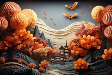 Paper quilling autumn Landscape, orange black Spring Scene, Paper Art, for Calendar and Wallpaper Background, AI generated