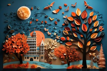 Paper quilling autumn Landscape, orange black Spring Scene, Paper Art, for Calendar and Wallpaper Background, AI generated - obrazy, fototapety, plakaty