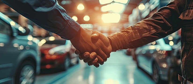 Close up of mechanic and maintenance engineer shaking hands at car workshop. Copy space image. Place for adding text