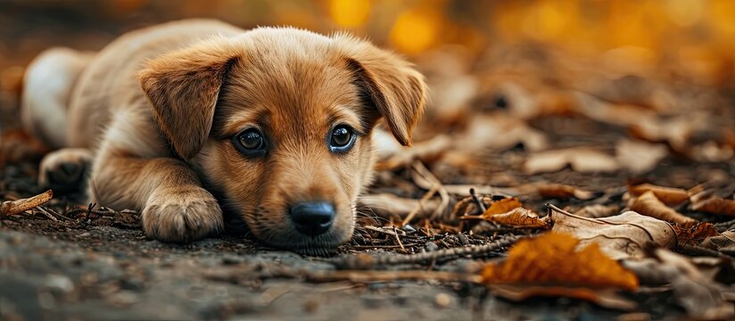 A cute little puppy on the floor. Copy space image. Place for adding text