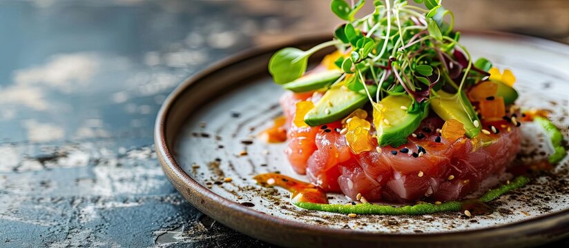 Gourmet fish tartar raw from tuna fillet with hashed avocado wasabi and Japanese spice as closeup on modern design plate. Copy space image. Place for adding text