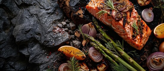 Grilled veggies on a charcoal grill Asparagus and onions caramelizing Salmon on a cedar wood plank grilling and smoking. Copy space image. Place for adding text - obrazy, fototapety, plakaty
