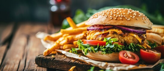 Crispy chicken burger with cheese and french fries on wooden table Copy space. Copy space image. Place for adding text