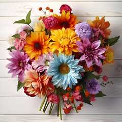 Colorful bouquet of dahlias on a white wooden background