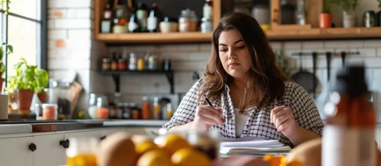 Foto op Plexiglas Caucasian young plus size plump woman nutritionist writing counting calories healthy food supplements for slimming shaping dieting holding pills medicines looking at camera at home kitchen © Ilgun