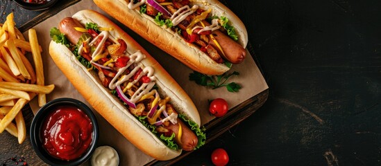hotdog with ketchup mustard vegetables and french fries. Copy space image. Place for adding text - obrazy, fototapety, plakaty