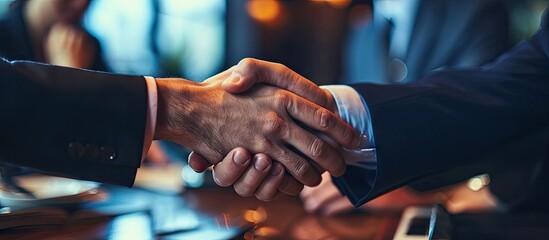 Business men closing deal with a handshake. Copy space image. Place for adding text