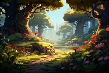Elevate your visual storytelling with the playful allure of a cartoon forest scene, featuring animated trees, friendly forest, Generative AI