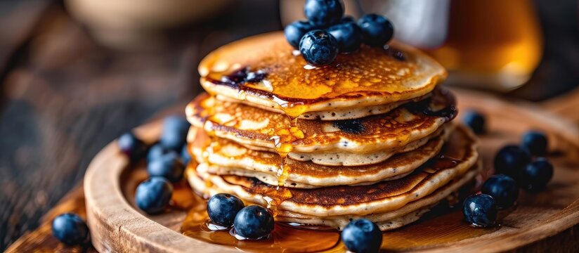 Stack of pancakes with blueberries and maple syrup Closeup view Tasty american pancakes. Copy space image. Place for adding text