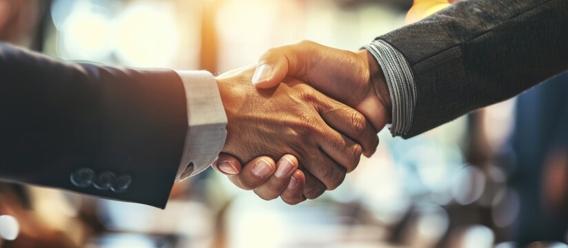 Business men closing deal with a handshake. Copy space image. Place for adding text