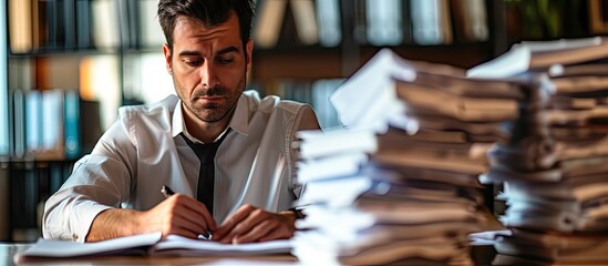 Businessman busy with paperwork in office. Copy space image. Place for adding text