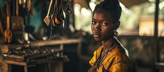 Young African female leather worker standing in her studio. Copy space image. Place for adding text