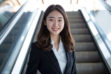 Smiling young Asian business woman wearing suit standing on urban escalator