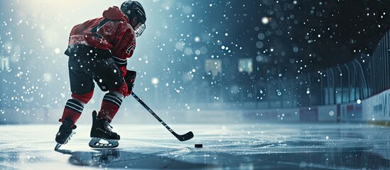 A Teen Age Hockey Player Makes Sharp Stop in the Rink. Copy space image. Place for adding text